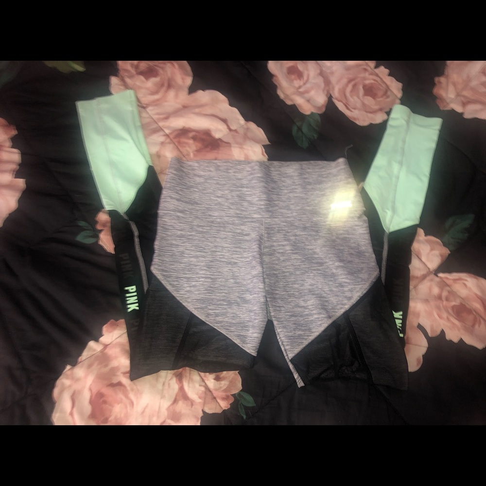 NWOT PINK VS GREY, MINT, & MESH LEGGINGS (SMALL)